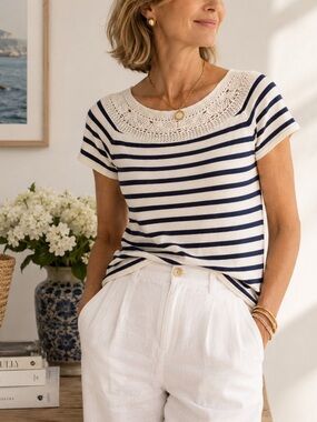 Chaps Petite Coastal Grandmother French Nautical Navy Stripe Crochet Top P/LG